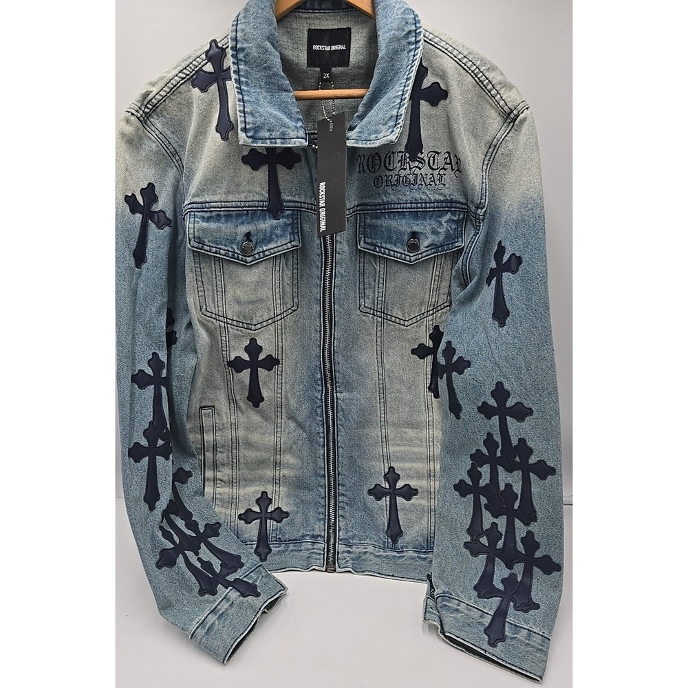 NWT Patchwork Rockstar 2X Distressed Long Sleeve‎ Cross Christian Denim Jacket